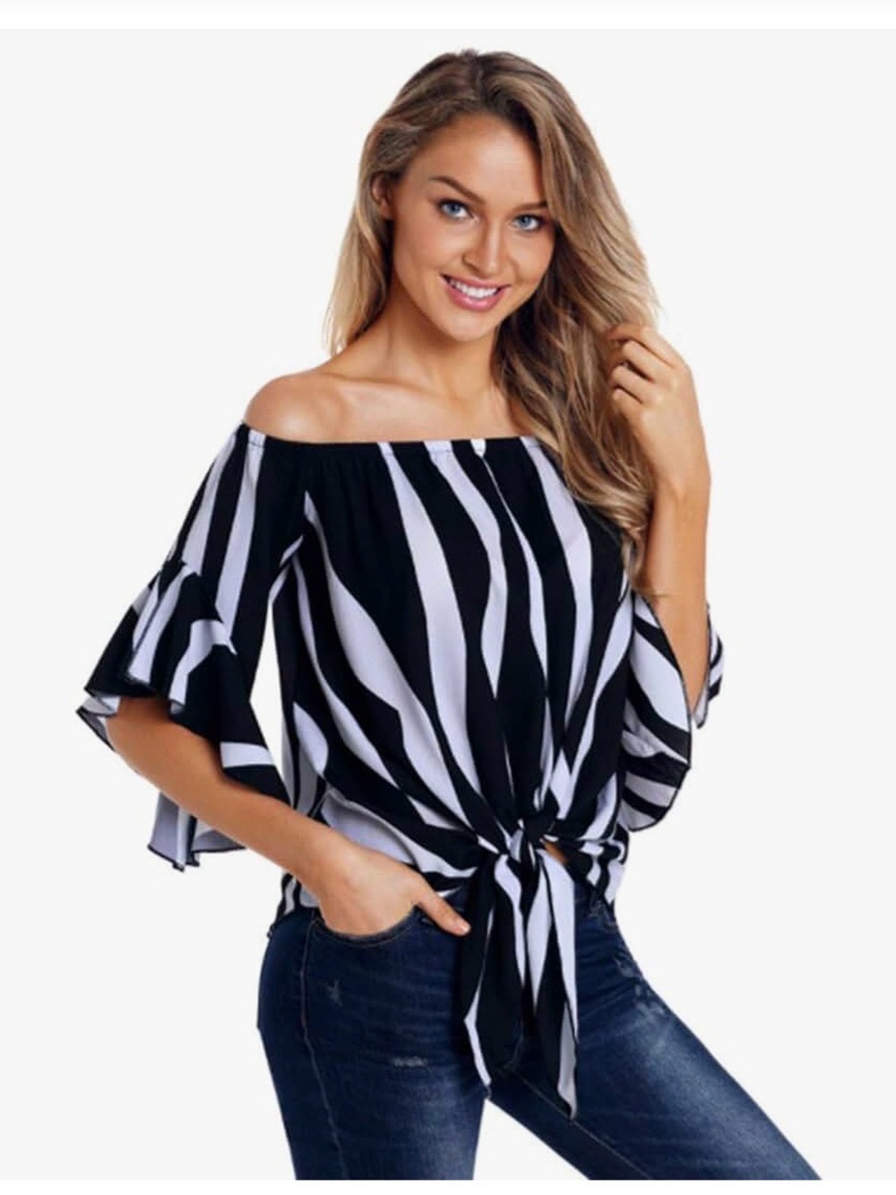 Off-Shoulder Black & White Striped Tie-Front Top